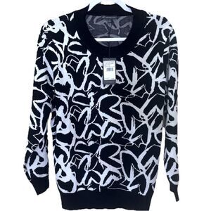 PLUS SIZE ADRIANNA PAPELL  Black and White Floral Jacquard Abstract Sweater